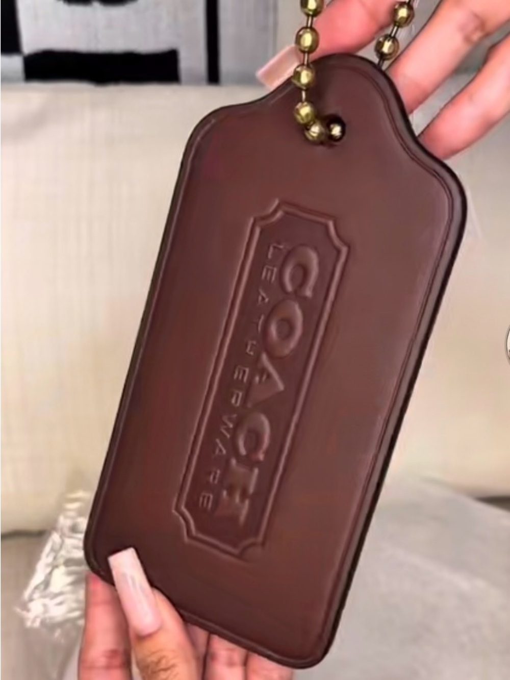 Coach XL Brown Embossed Leather Hang Tag with Brass Bead Chain